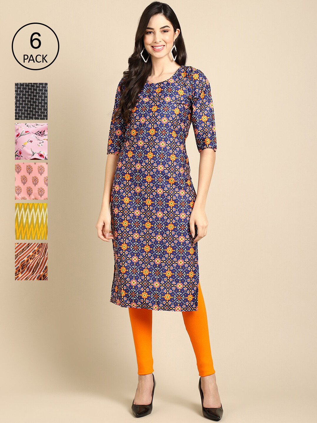 

Ethnic basket Women Pack Of 6 Blue & Pink Printed Crepe Kurta