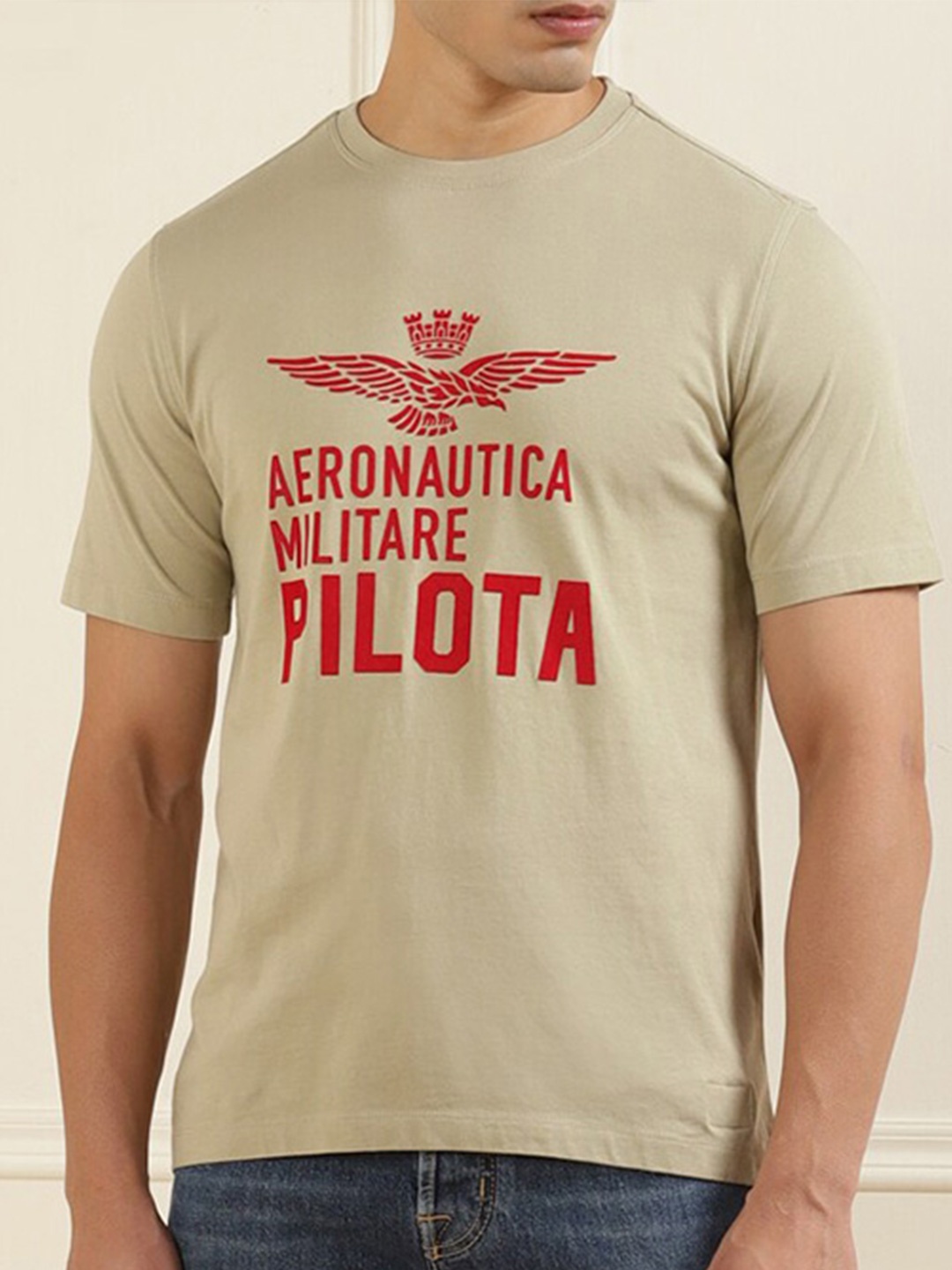 

Aeronautica Militare Men Beige Typography Printed Pure Cotton T-shirt