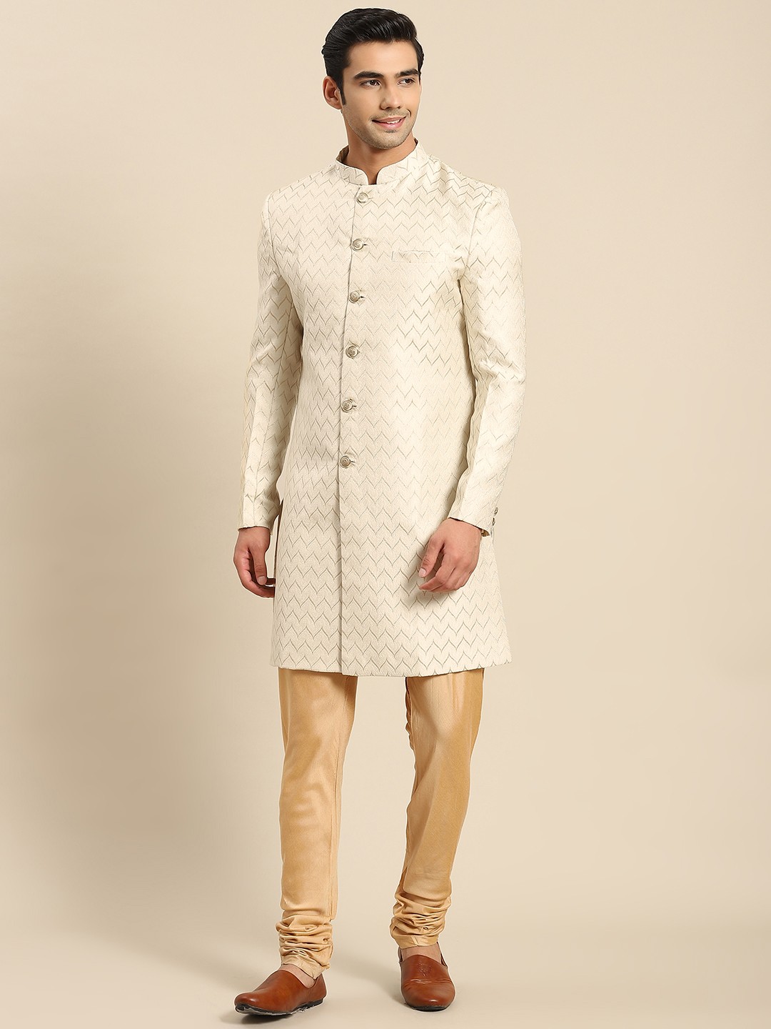 

KISAH Men White & Golden Woven Design Sherwani Set