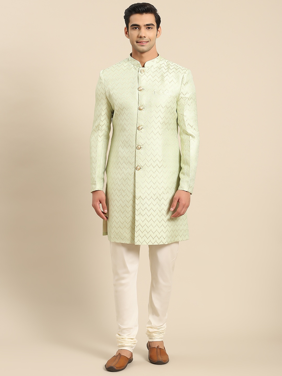 

KISAH Men Geometric Jacquard Indowestern Sherwani & Churidar Set, Sea green