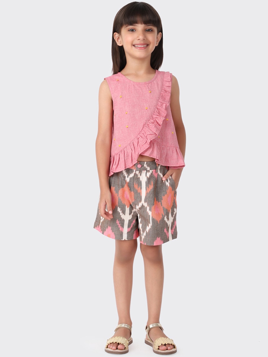 

Fabindia Girls Pink & Grey Pure Cotton Top with Shorts
