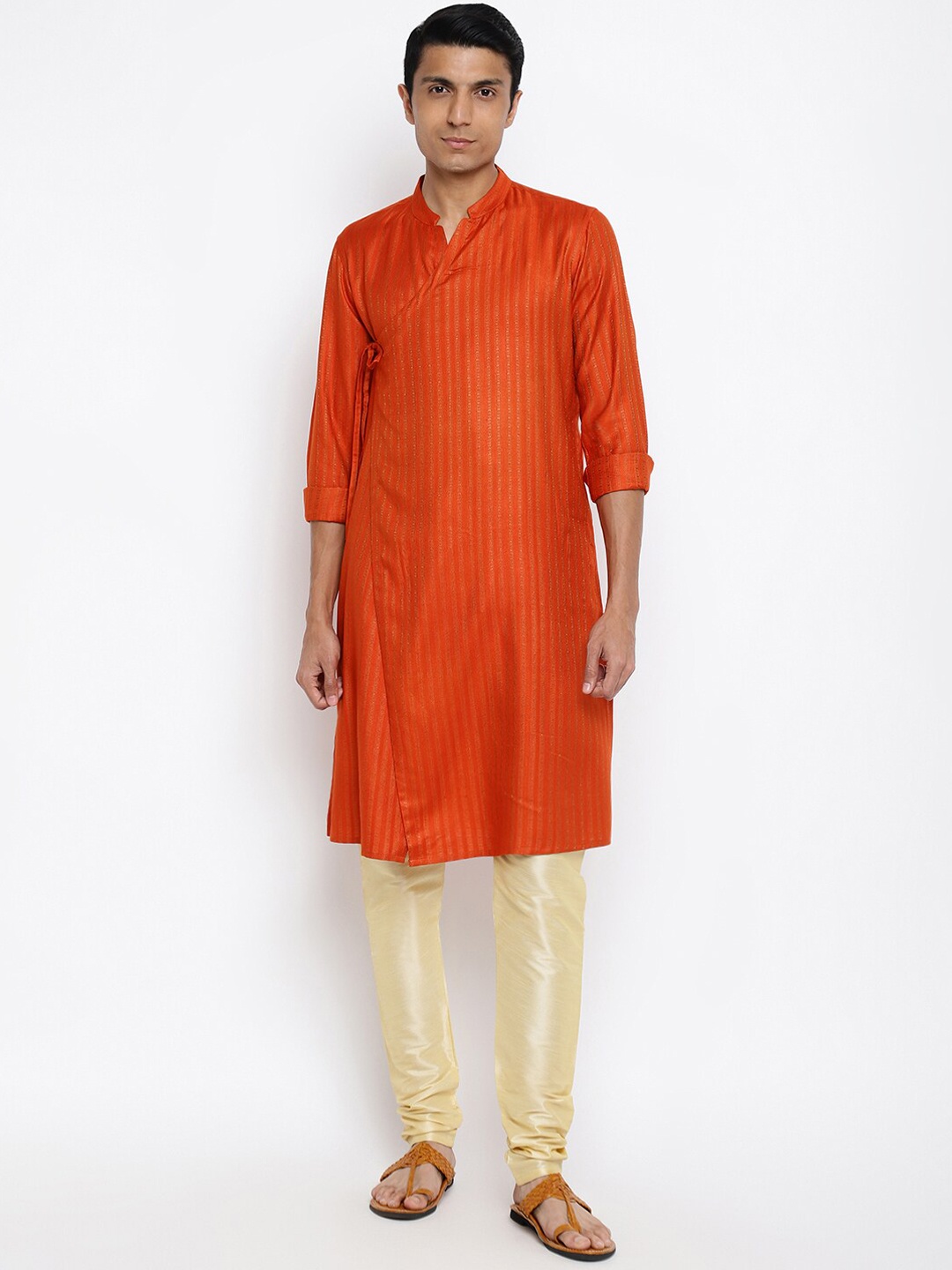 

Fabindia Men Orange Striped Angrakha Kurta