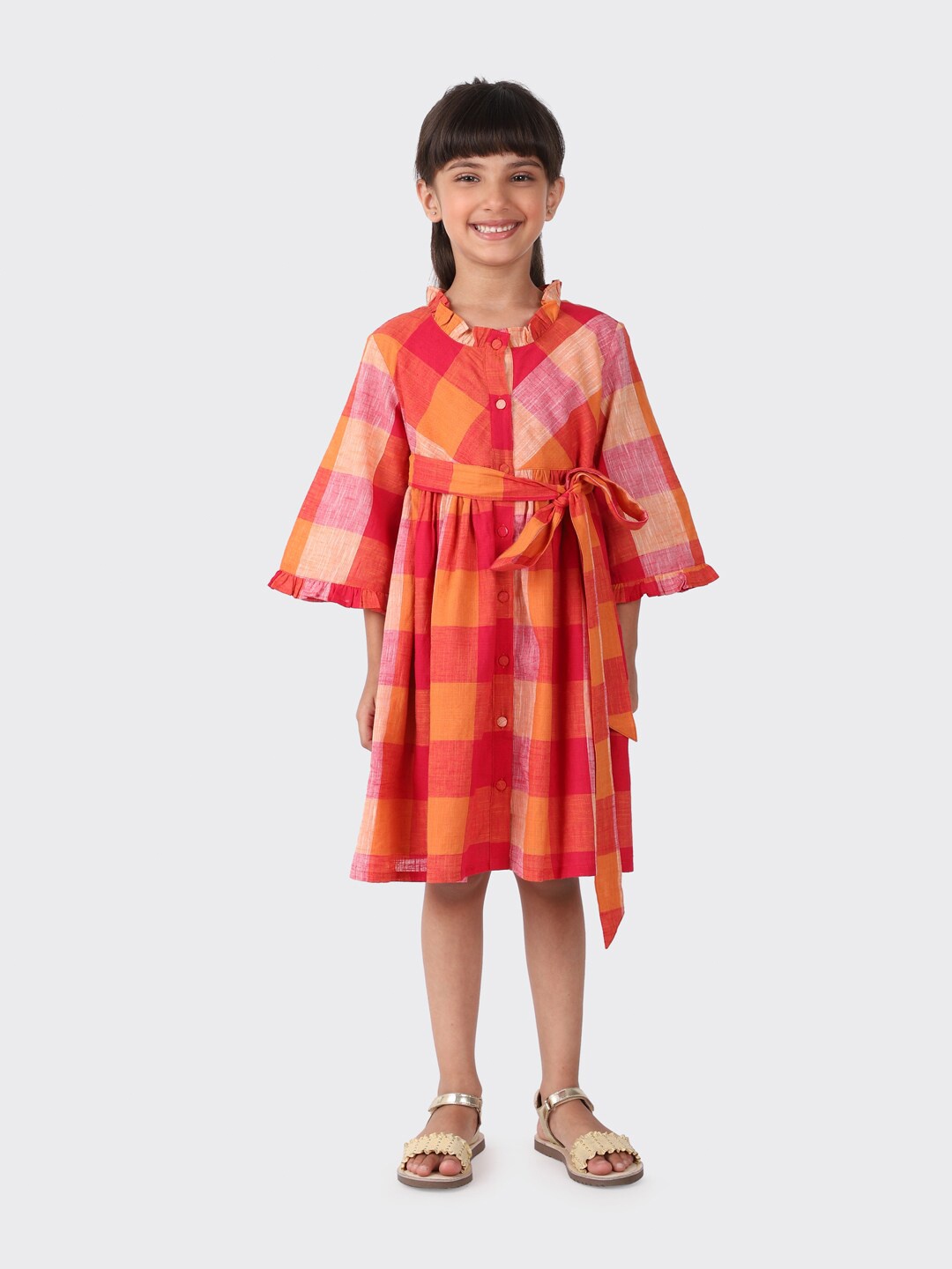 

Fabindia Girls Red & Orange Checked Dress