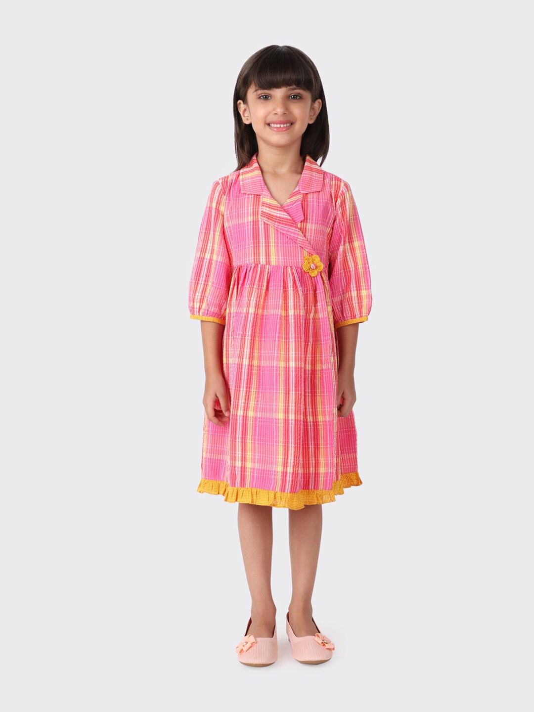 

Fabindia Girls Pink Checked Knee Length Dress