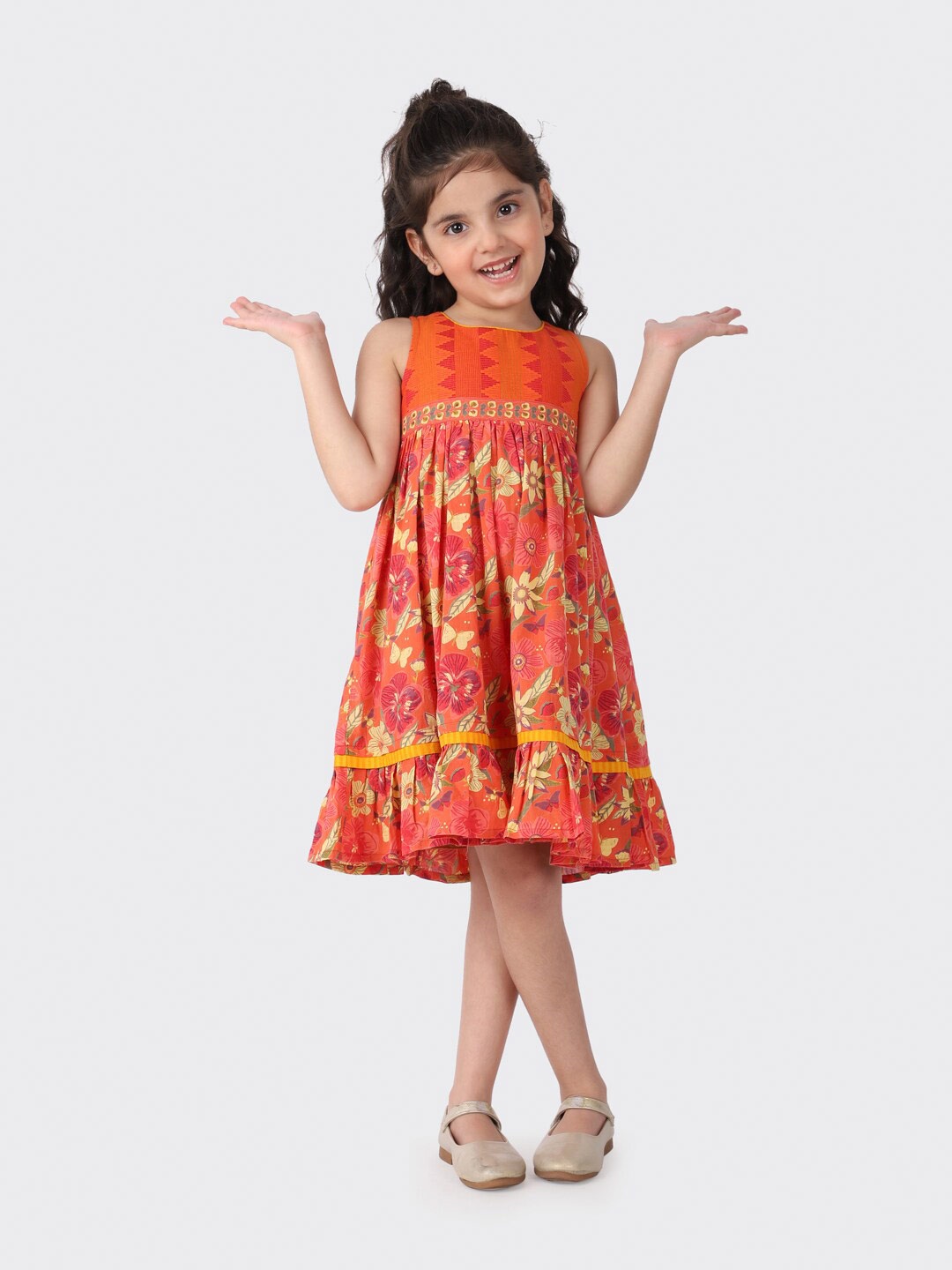 

Fabindia Orange Cotton Printed Knee Length Dress