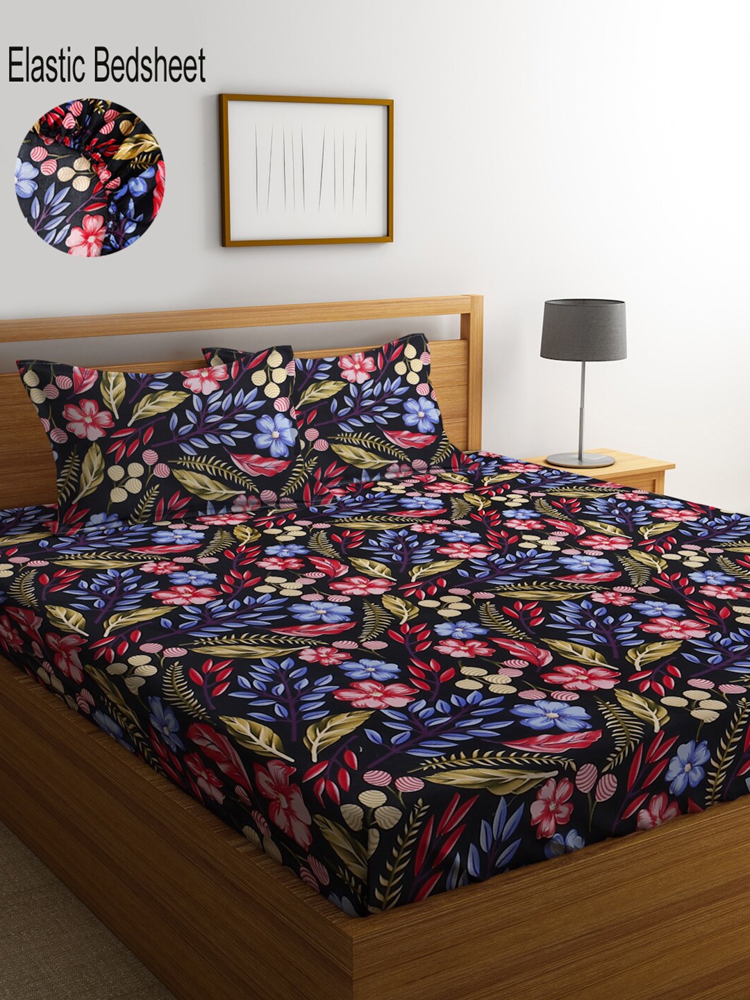 

KLOTTHE Floral 300 TC Fitted Double Super King Bedsheet with 2 Pillow covers, Black