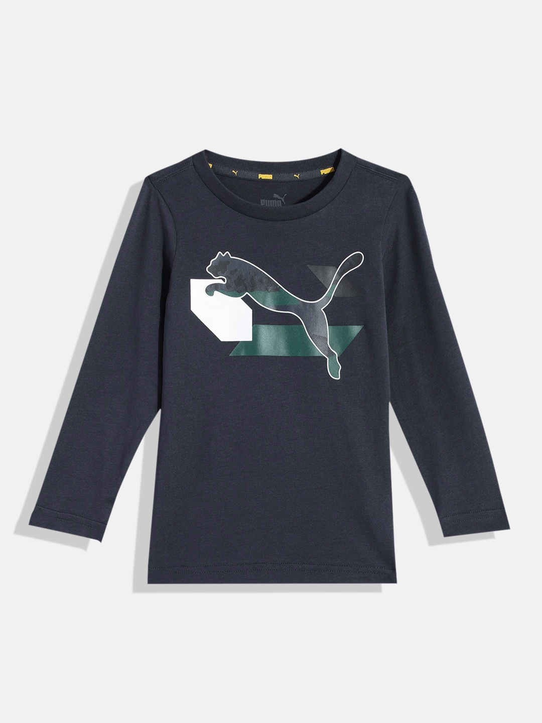 

Puma Boys Alpha Longsleeve Youth Brand Logo Printed Pure Cotton Regular Fit T-shirt, Navy blue