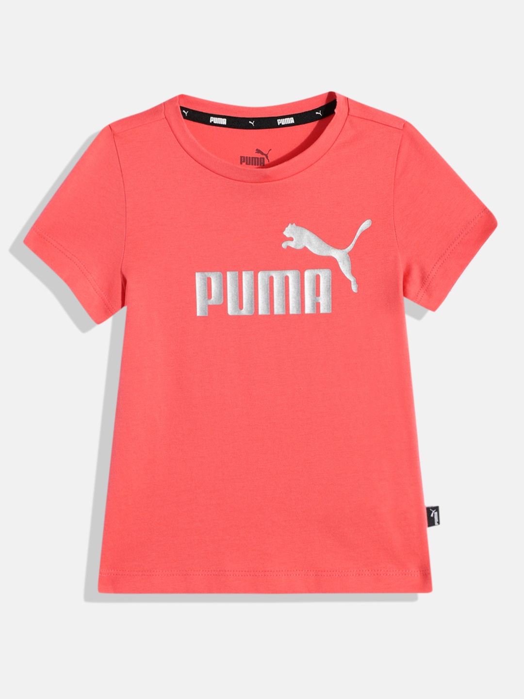 

Puma Girls Peach-Coloured Essentials+ Logo Youth Brand Logo Printed Pure Cotton T-shirt