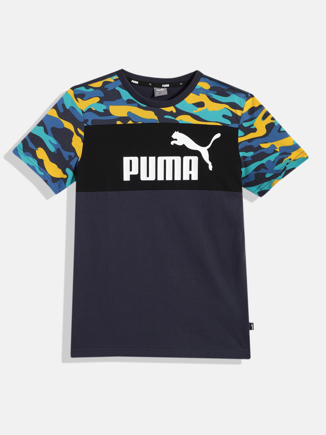 

Puma Boys Navy Blue Essentials+ Camo Youth Brand Logo Printed Pure Cotton T-shirt