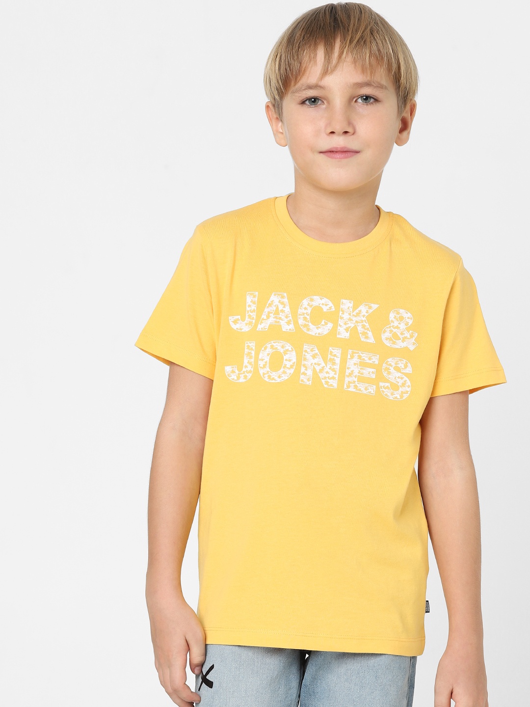 Jack & Jones Junior Boys Yellow Typography Printed Slim Fit T-shirt