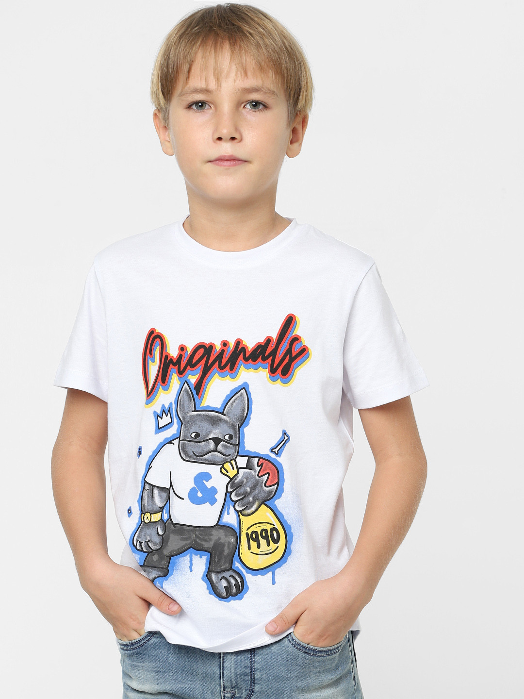 

Jack & Jones Junior Boys White Printed Cotton Slim Fit T-shirt