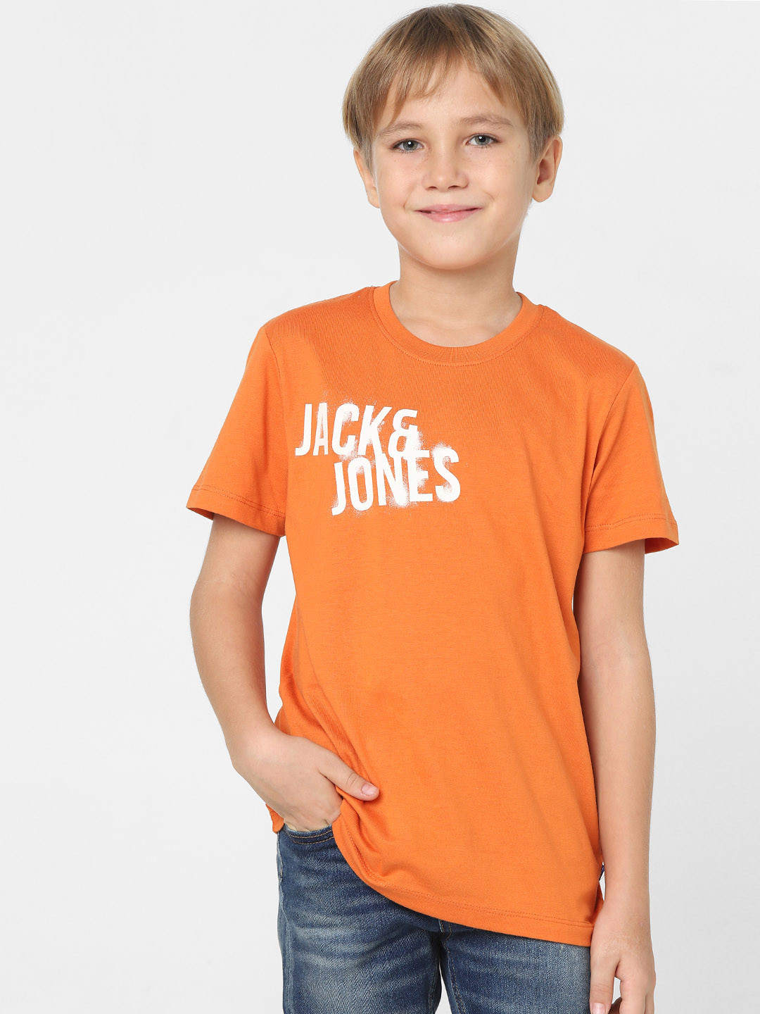 

Jack & Jones Junior Boys Orange Typography Printed Cotton Slim Fit T-shirt