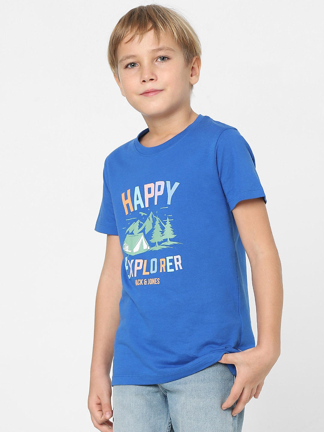 

Jack & Jones Junior Boys Blue Typography Printed Cotton Slim Fit T-shirt