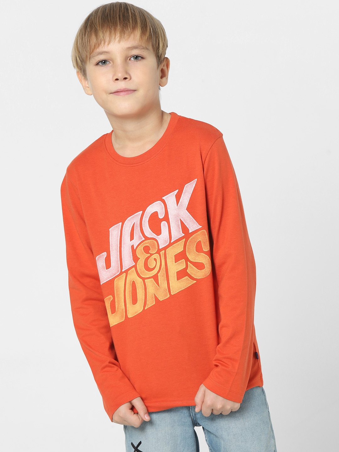 

Jack & Jones Junior Boys Orange Typography Printed Slim Fit T-shirt