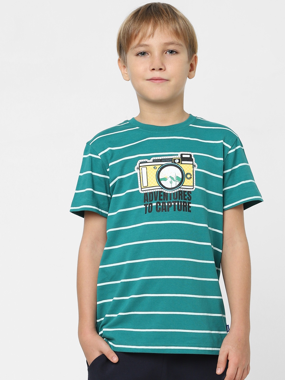 

Jack & Jones Junior Boys Green & White Striped Slim Fit T-shirt