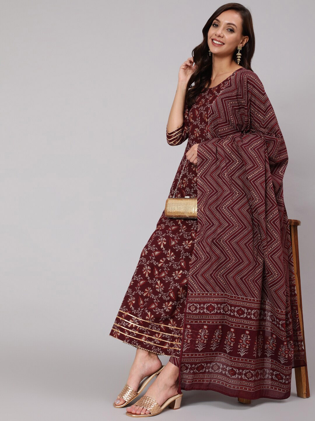 

Nayo Women Burgundy Ethnic Motifs Printed Empire Gotta Patti Pure Cotton Kurta with Trousers & With Dupatta