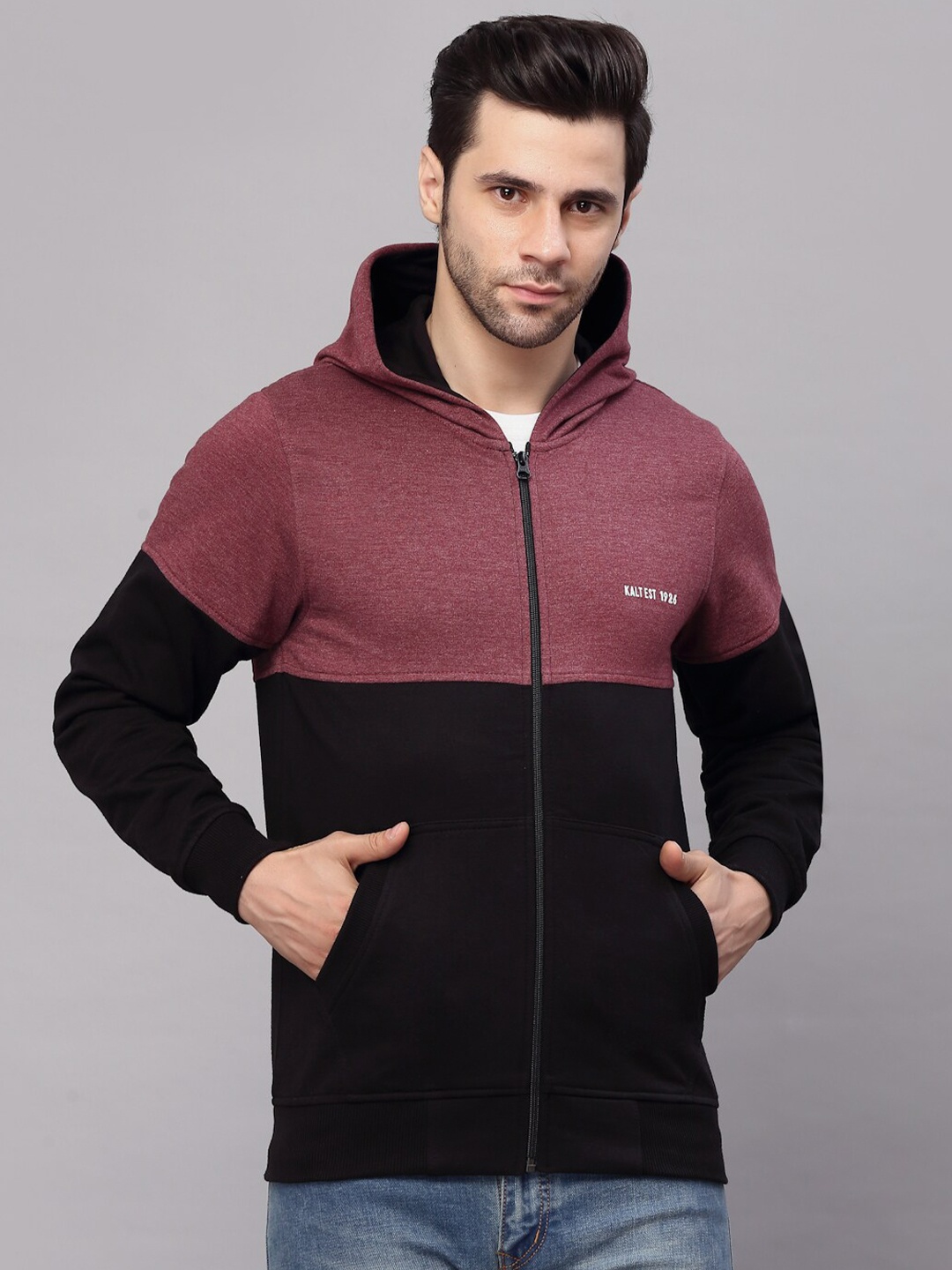 

Kalt Men Maroon Colourblocked Zipper Hoodie Sweatshirt