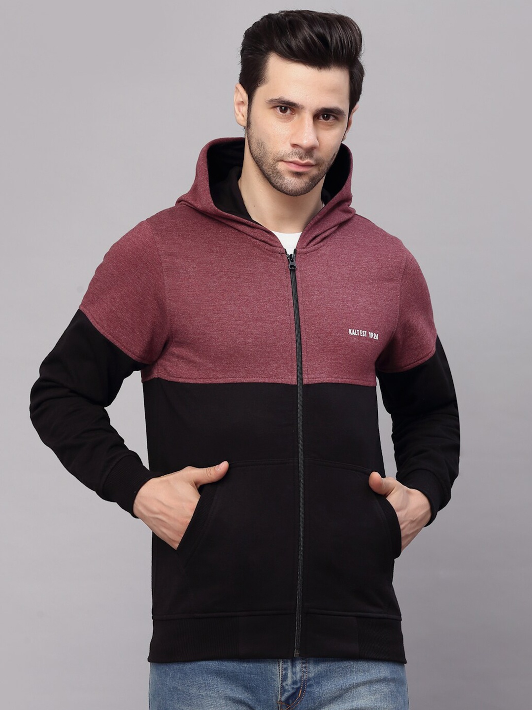 

Kalt Men Maroon Black Colourblocked Fleece Bomber Jacket