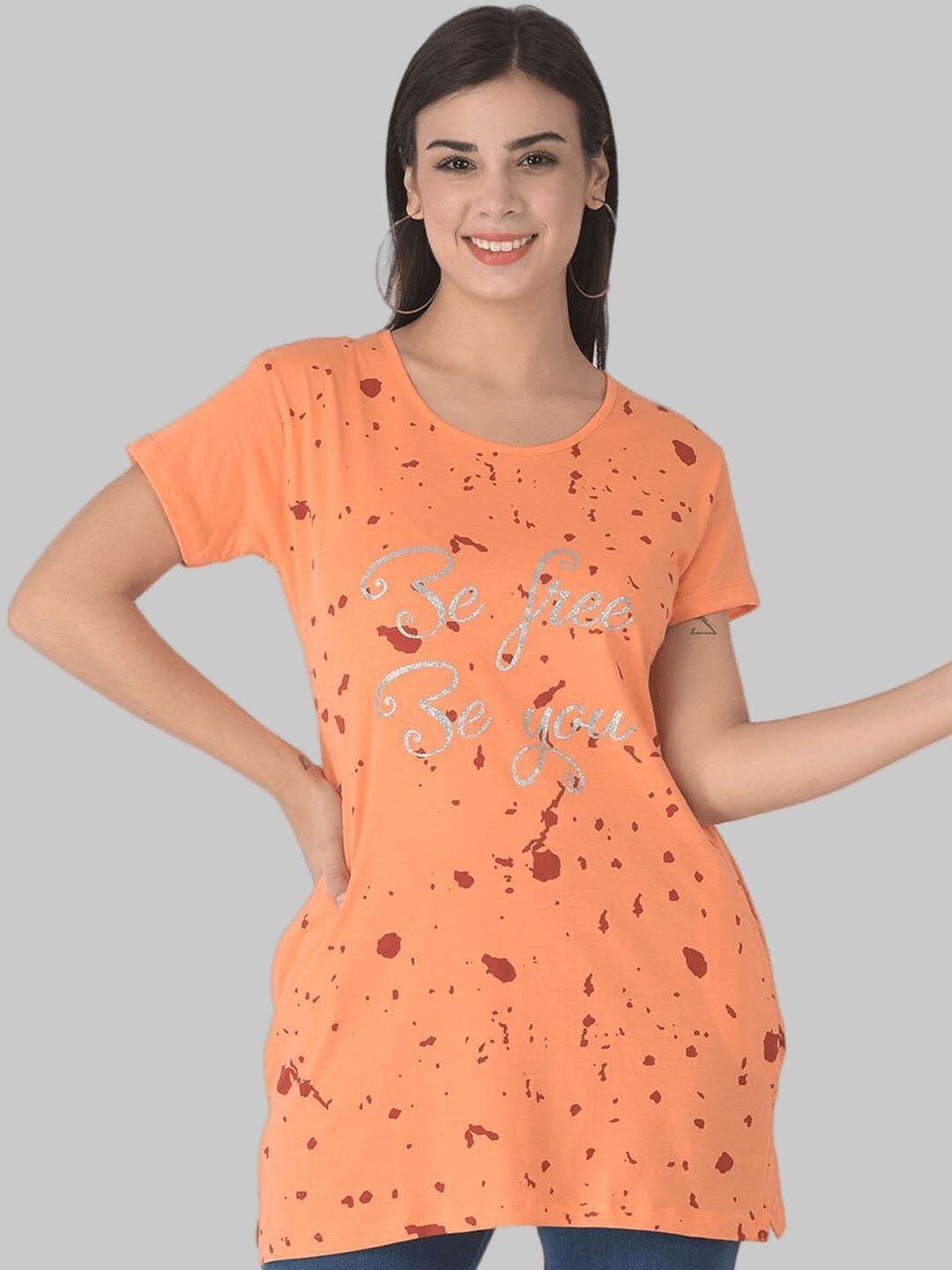 

Dollar Missy Women Peach-Coloured Print Pure Cotton Top