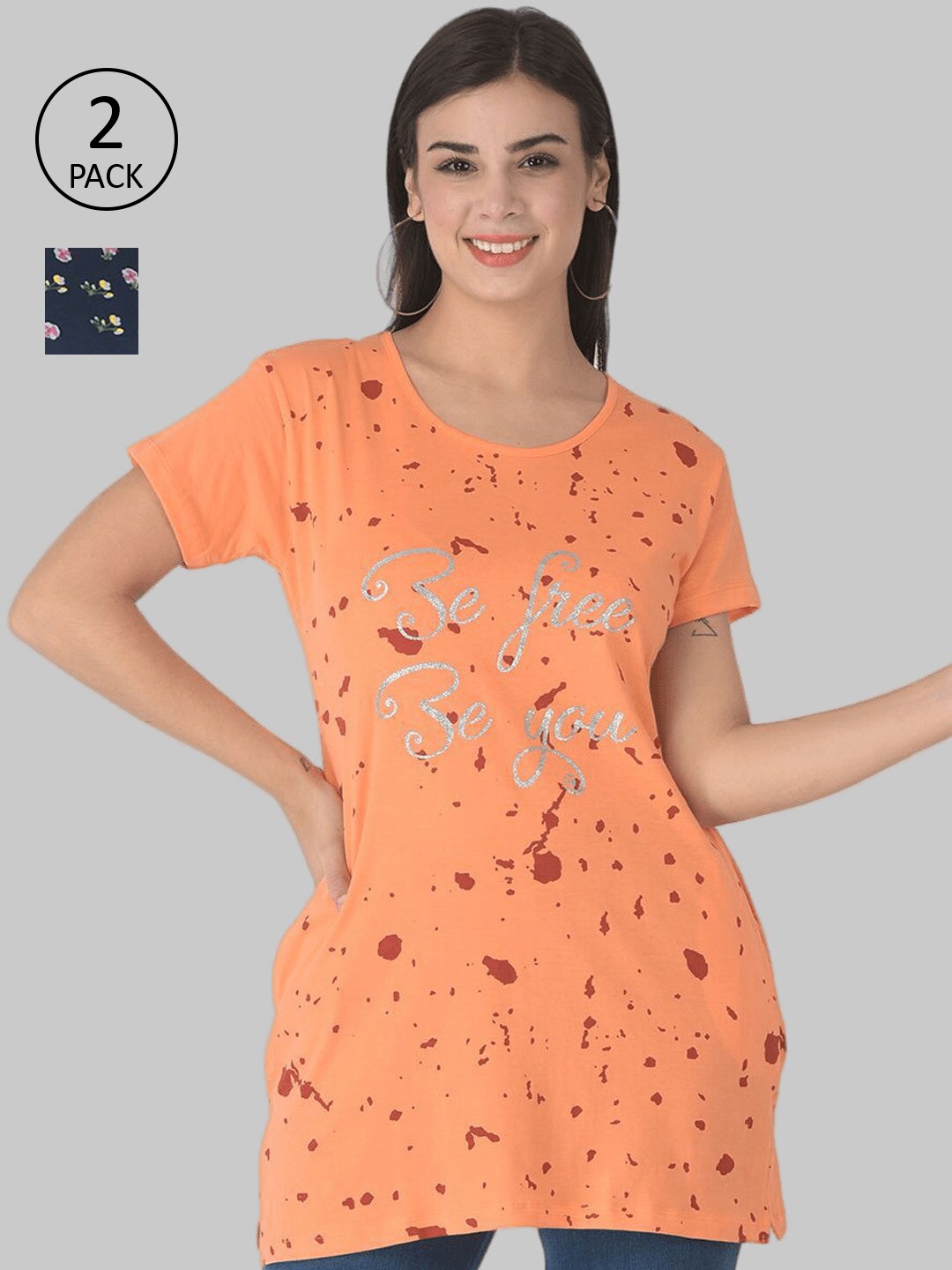 

Dollar Missy Navy Blue & Orange Print Top