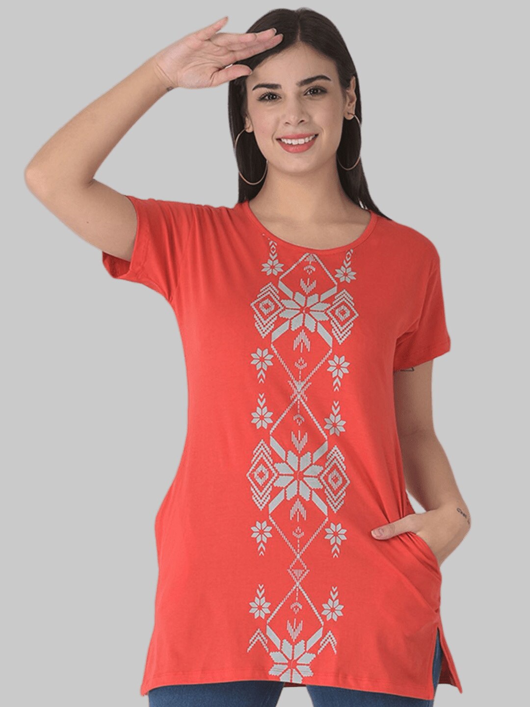 

Dollar Missy Geometric Print Top, Coral