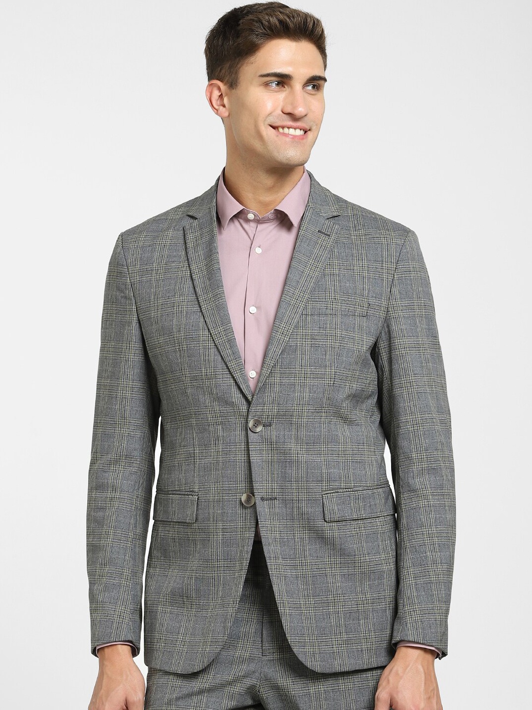 

SELECTED Men Grey Checked Single Breasted Slim-Fit Formal Blazers