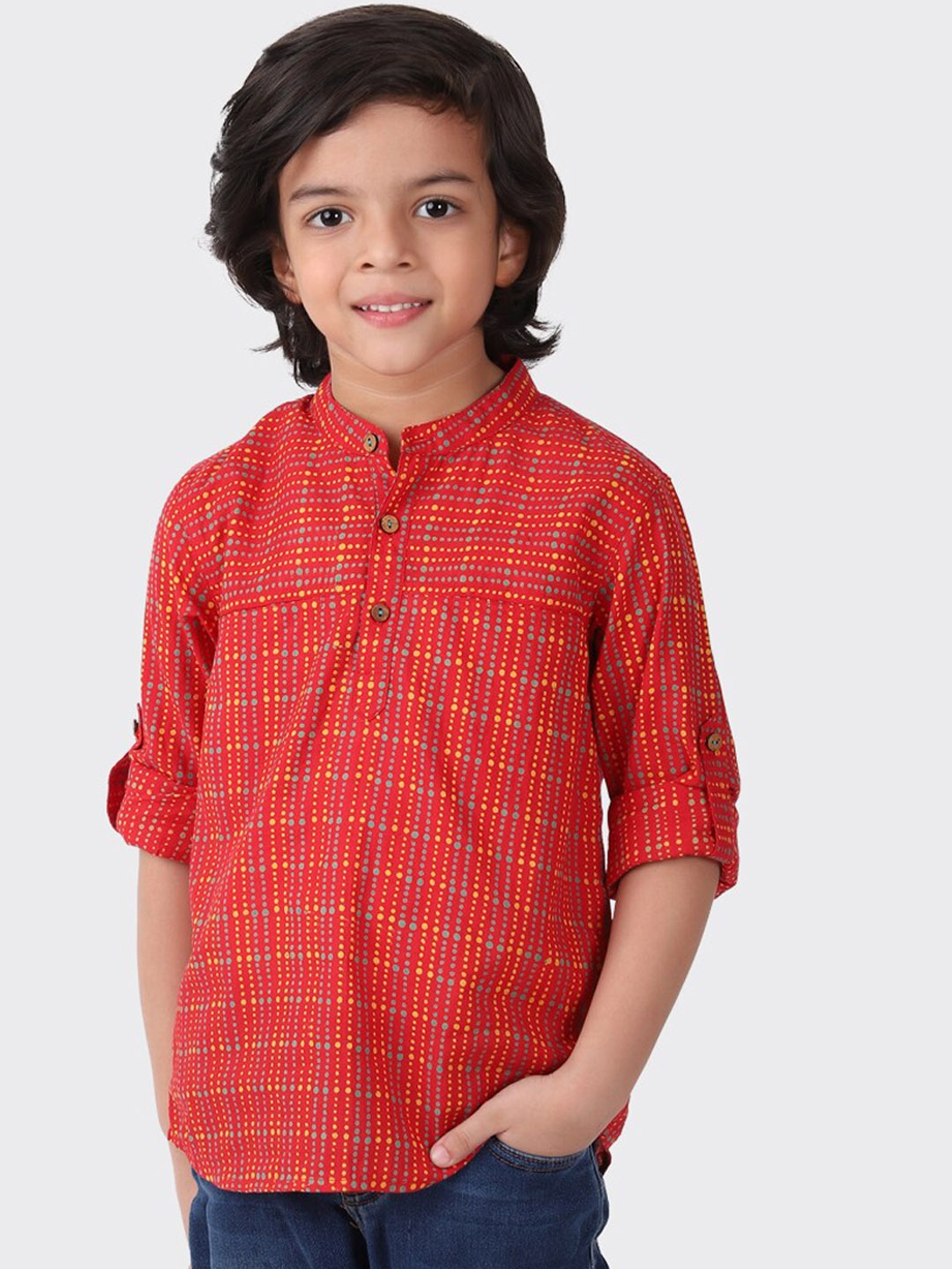 

Fabindia Boys Red Geometric Checked Kurta
