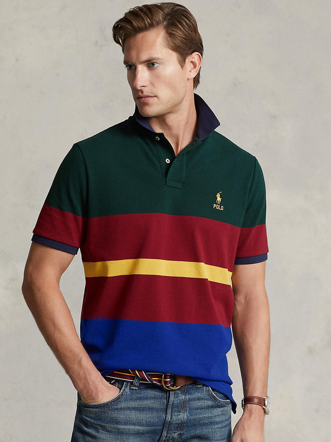 

Polo Ralph Lauren Men Olive Green & Blue Colorblocked Pure Cotton Tshirt