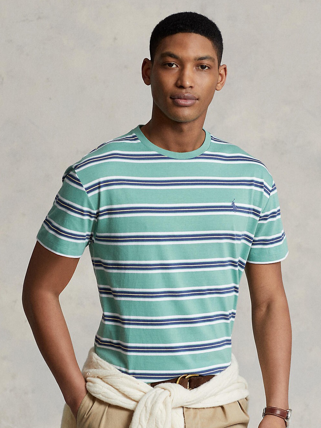 

Polo Ralph Lauren Men Green Striped Cotton Classic Fit T Shirt