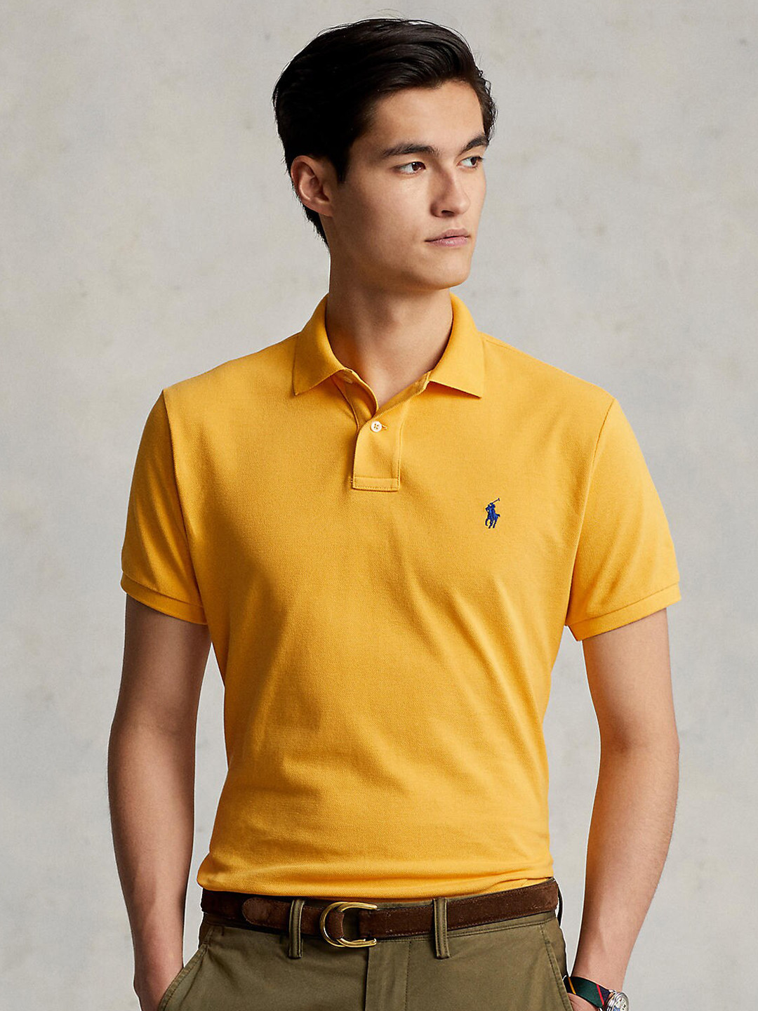 

Polo Ralph Lauren Men Yellow Solid Slim-Fit Polo Collar Cotton T shirts