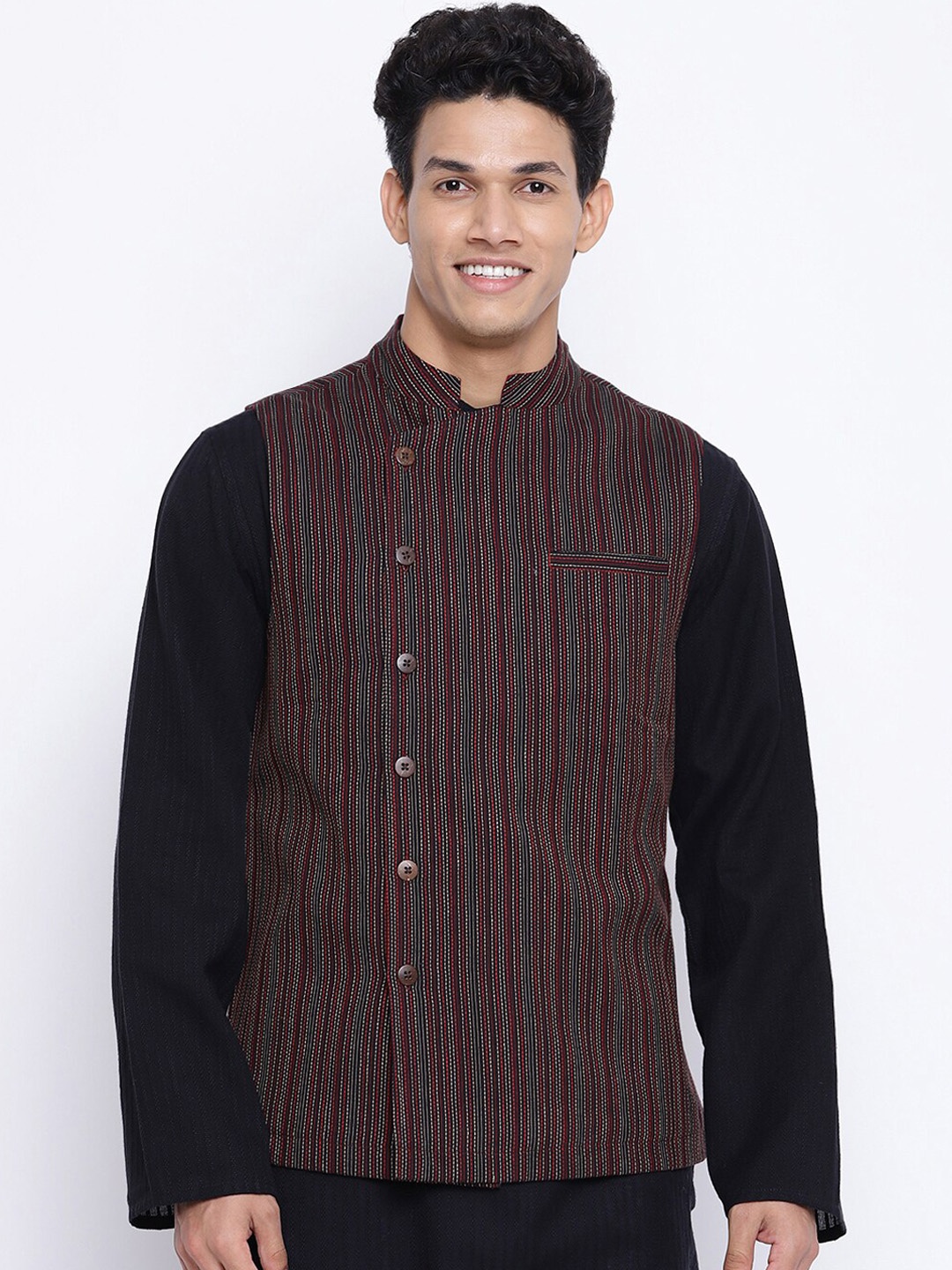 

Fabindia Men Black Woven-Design Nehru Jacket