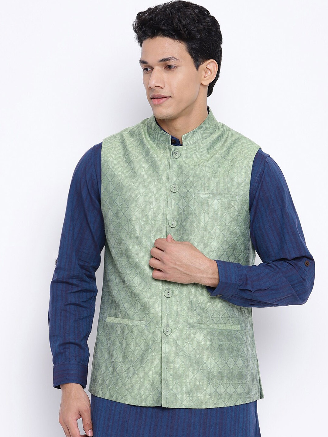

Fabindia Men Green Solid Woven-Design Nehru Jacket