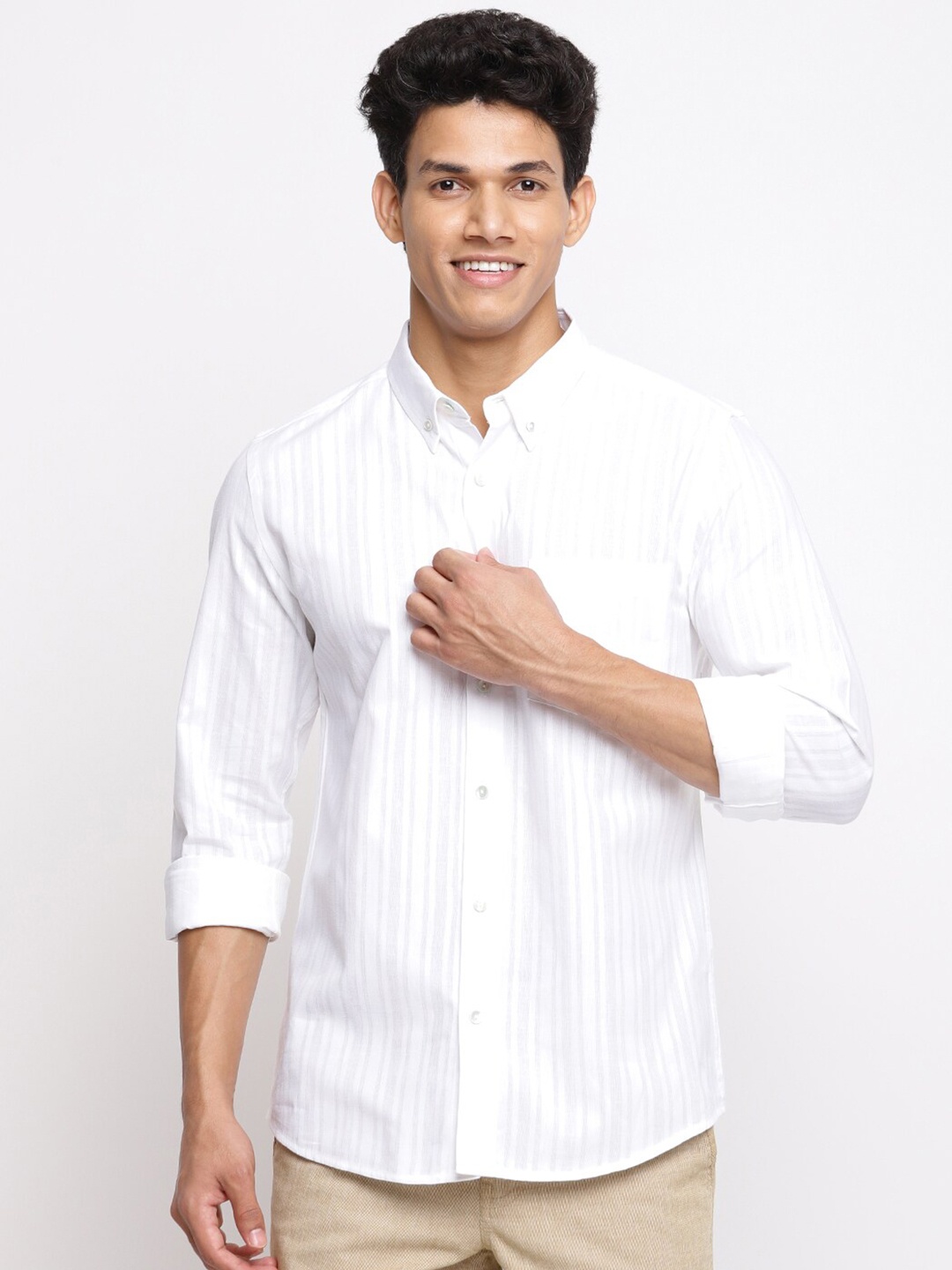 

Fabindia Men White Slim Fit Striped Pure Cotton Casual Shirt