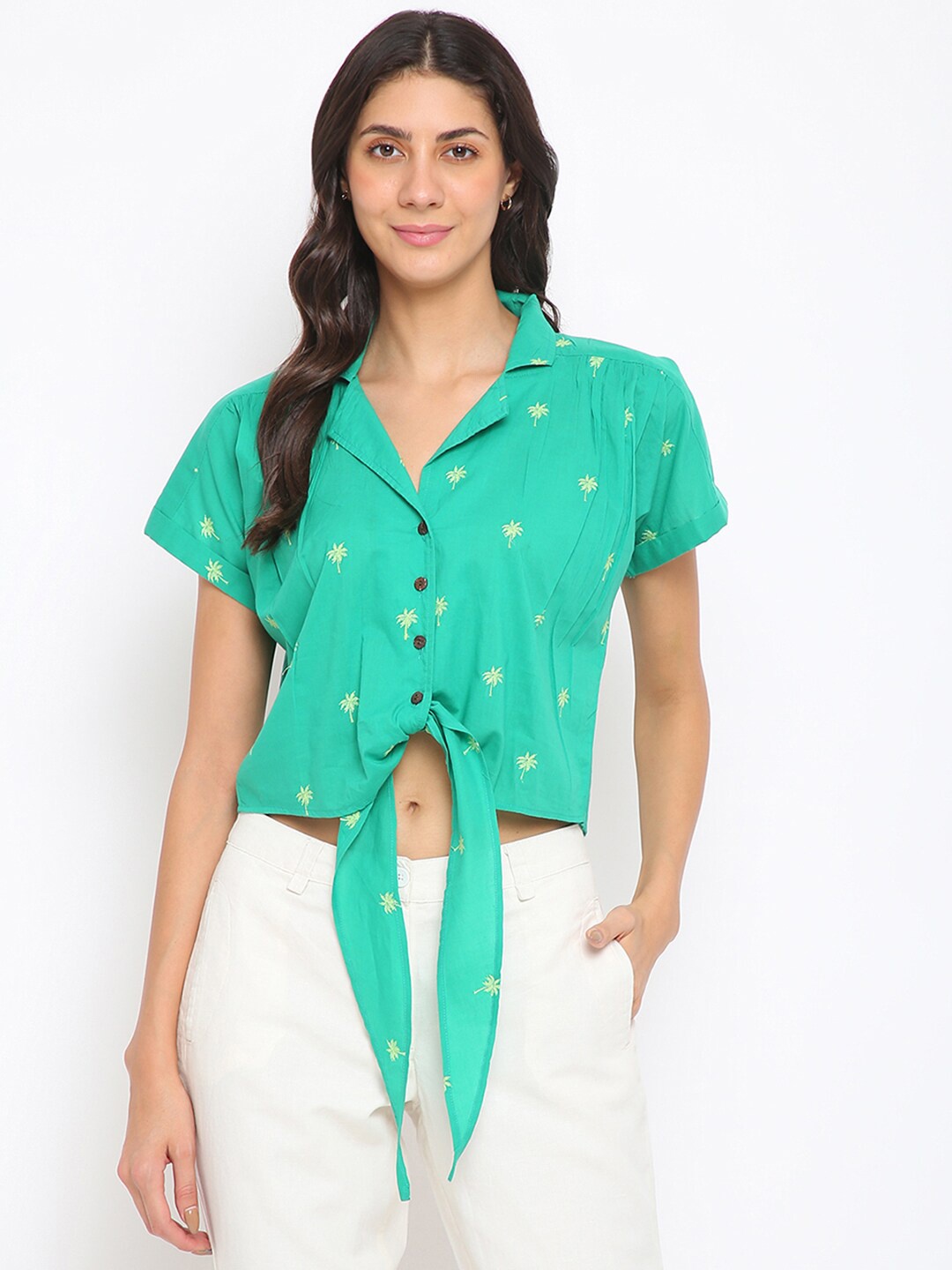 

Fabindia Green Print Shirt Style Top