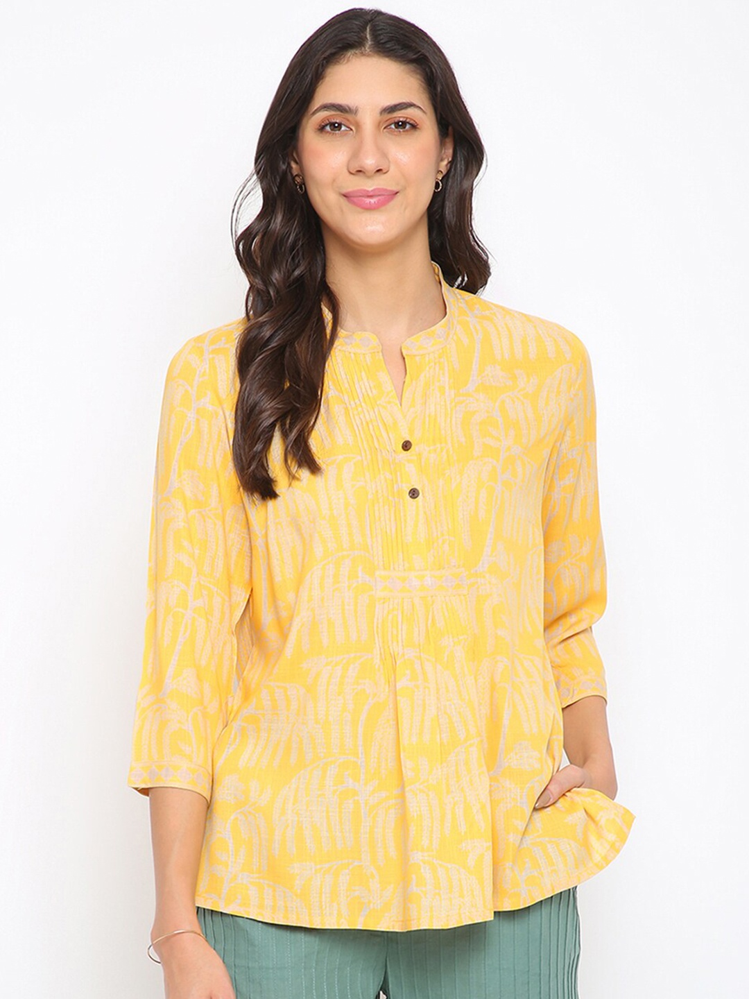 

Fabindia Yellow Print Mandarin Collar Top
