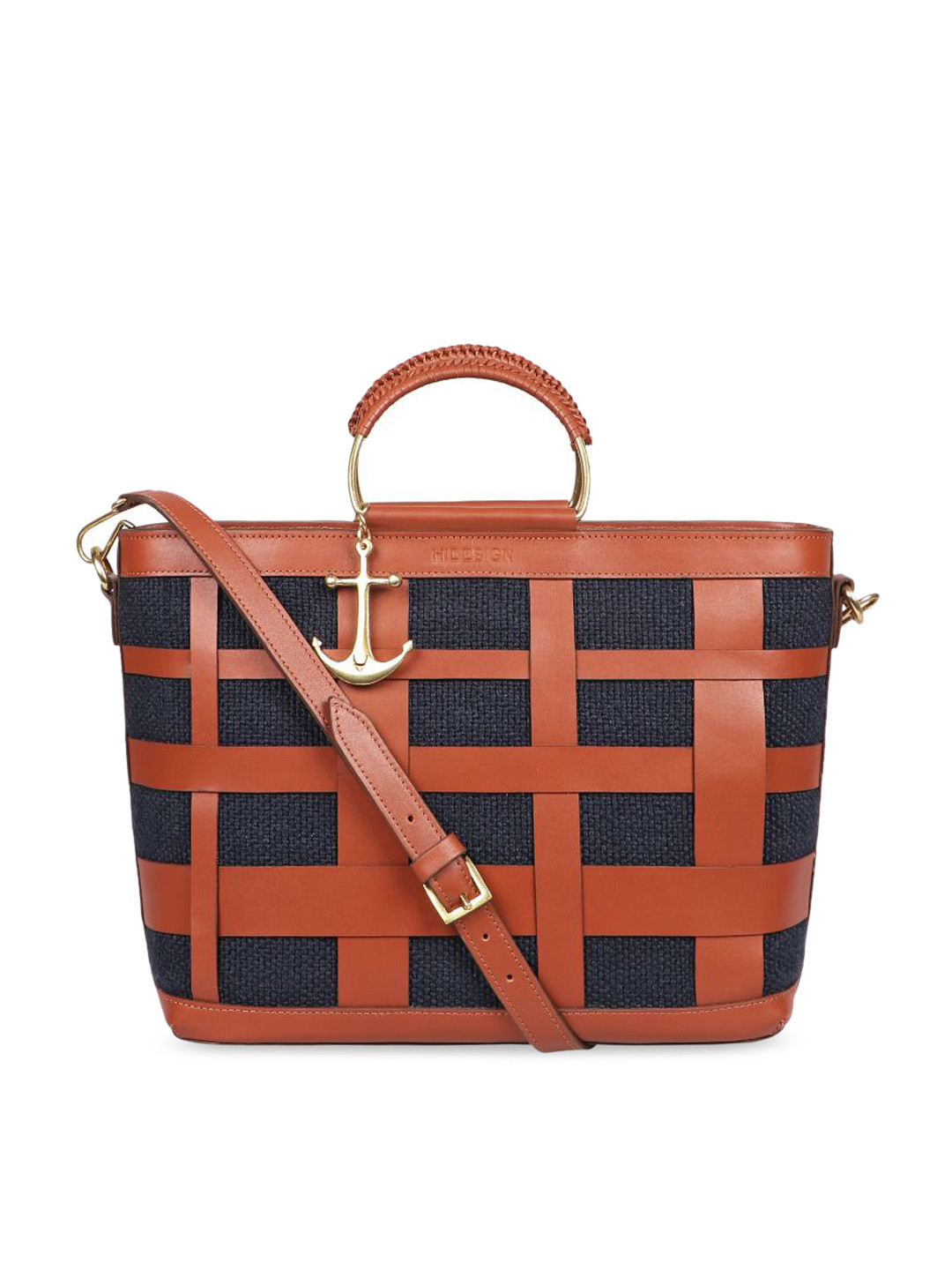 

Hidesign Navy Blue Checked Leather Structured Handheld Bag with Applique