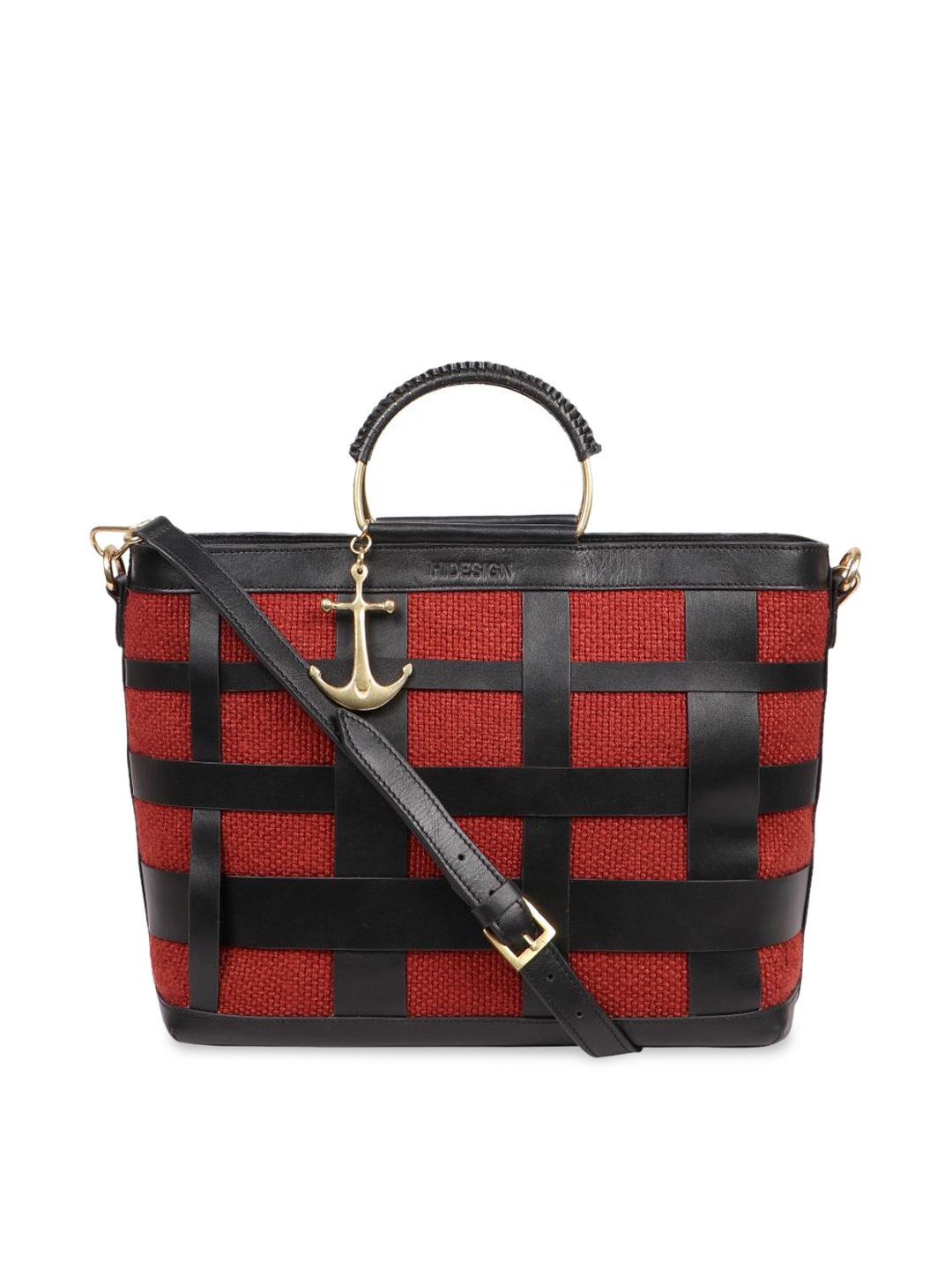 

Hidesign Red Checked Leather Structured Handheld Bag with Quilted