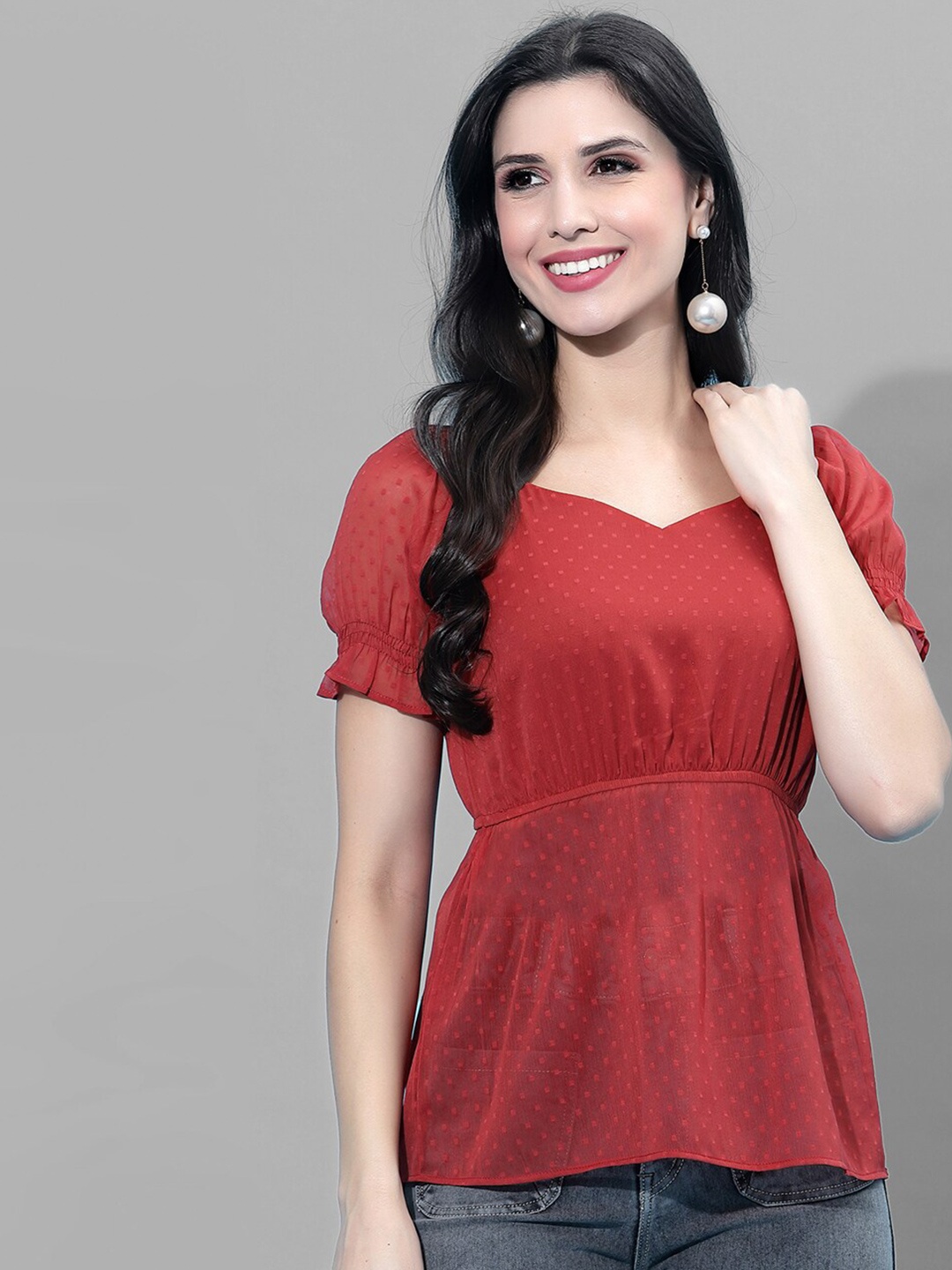 

Selvia Red Sweetheart Neck Chiffon Top