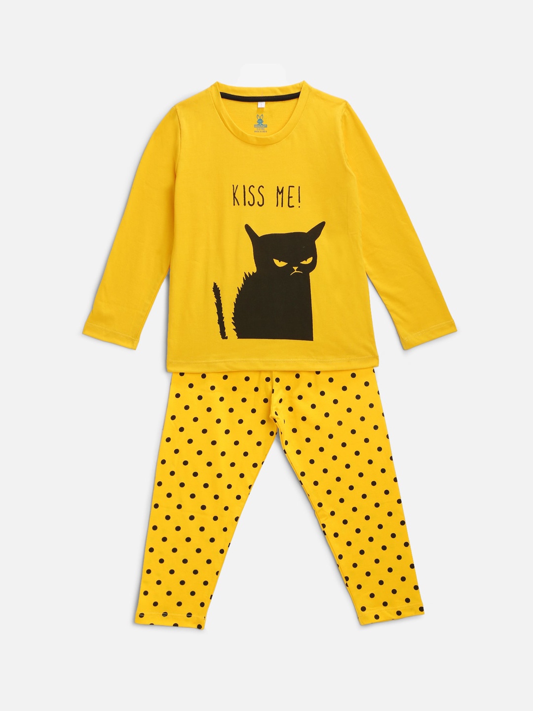 

KIDSCRAFT Girls Yellow & Black Printed Night suit