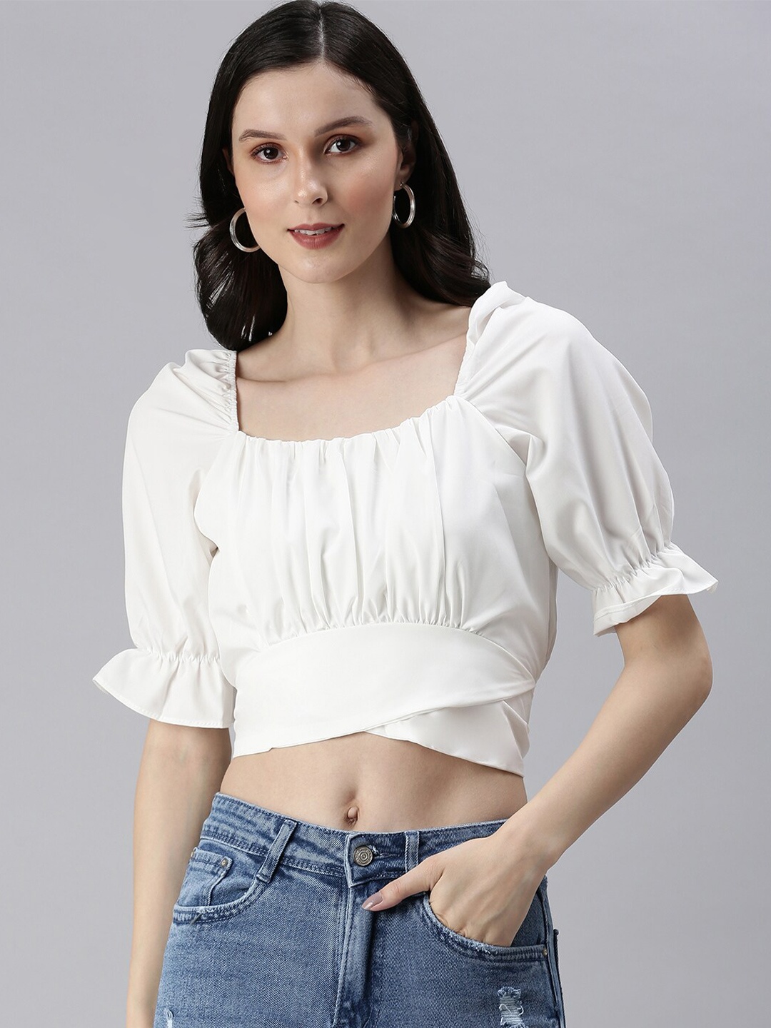 

SHOWOFF Women White Crepe Cinched Waist Crop Top