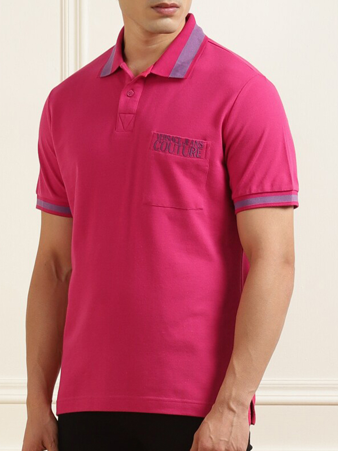 

Versace Jeans Couture Men Pink Polo Collar Pure Cotton T-shirt