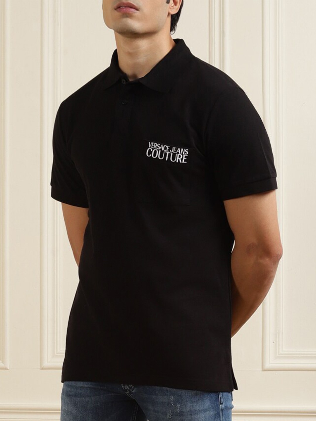 

Versace Jeans Couture Men Black Typography Printed Polo Collar Pure Cotton T-shirt