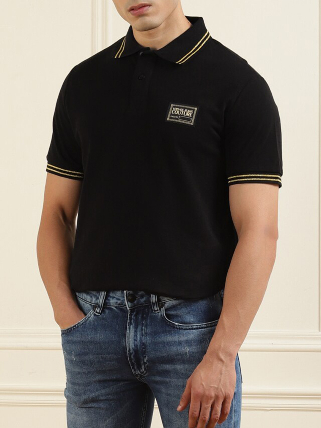 

Versace Jeans Couture Men Black Polo Collar Pure Cotton T-shirt