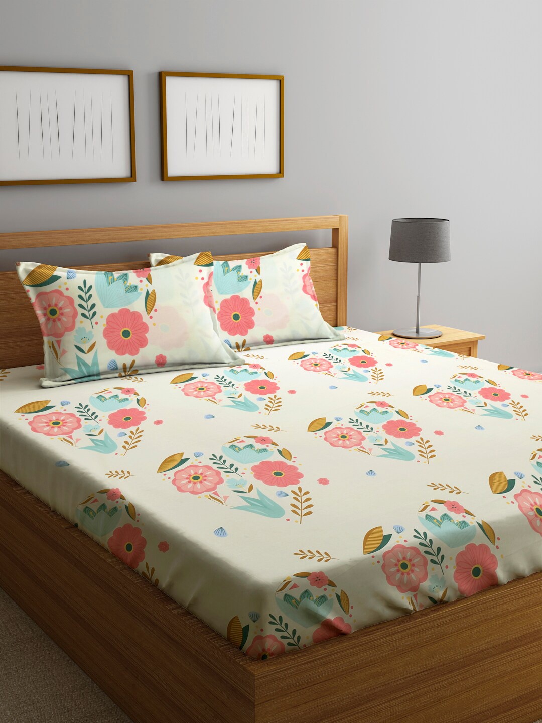 

KLOTTHE Cream Floral 300 TC Cotton Blend Double King Bed Sheet with 2 Pillow Covers