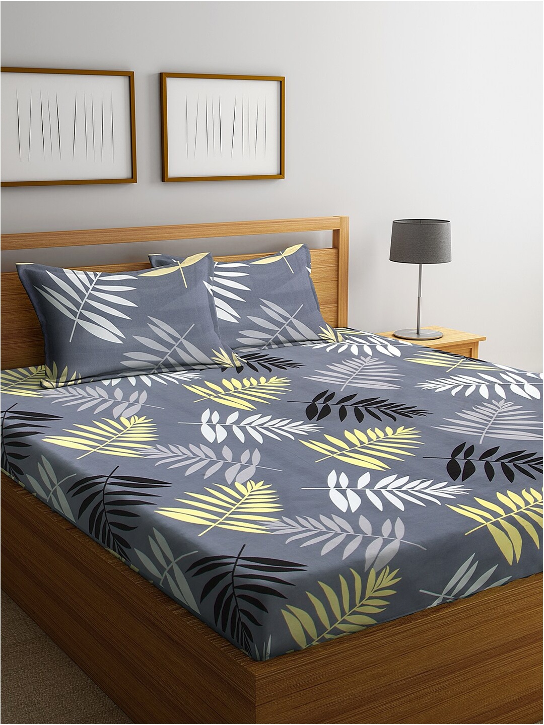 

KLOTTHE Grey & Yellow Floral 300 TC King Bedsheet with 2 Pillow Covers