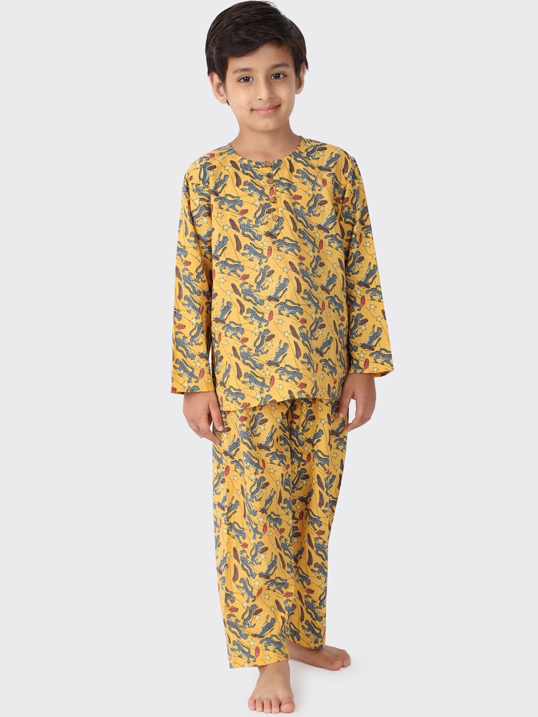 

Fabindia Boys Pure cotton Yellow & Blue Printed Night suit