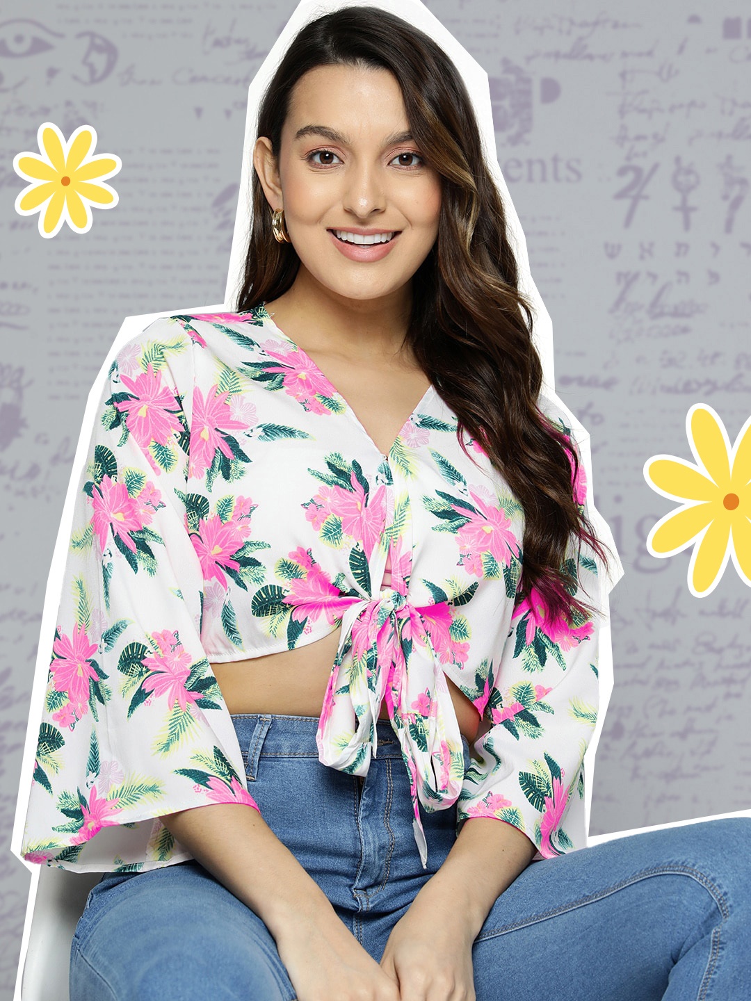

HERE&NOW Floral Print Flared Sleeve Wrap Crop Top, White