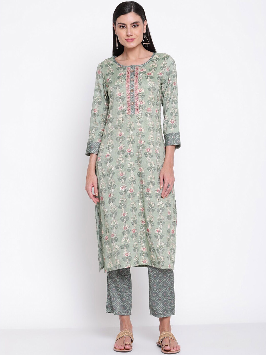 

Be Indi Women Floral Print Straight Kurta with Trousers, Green