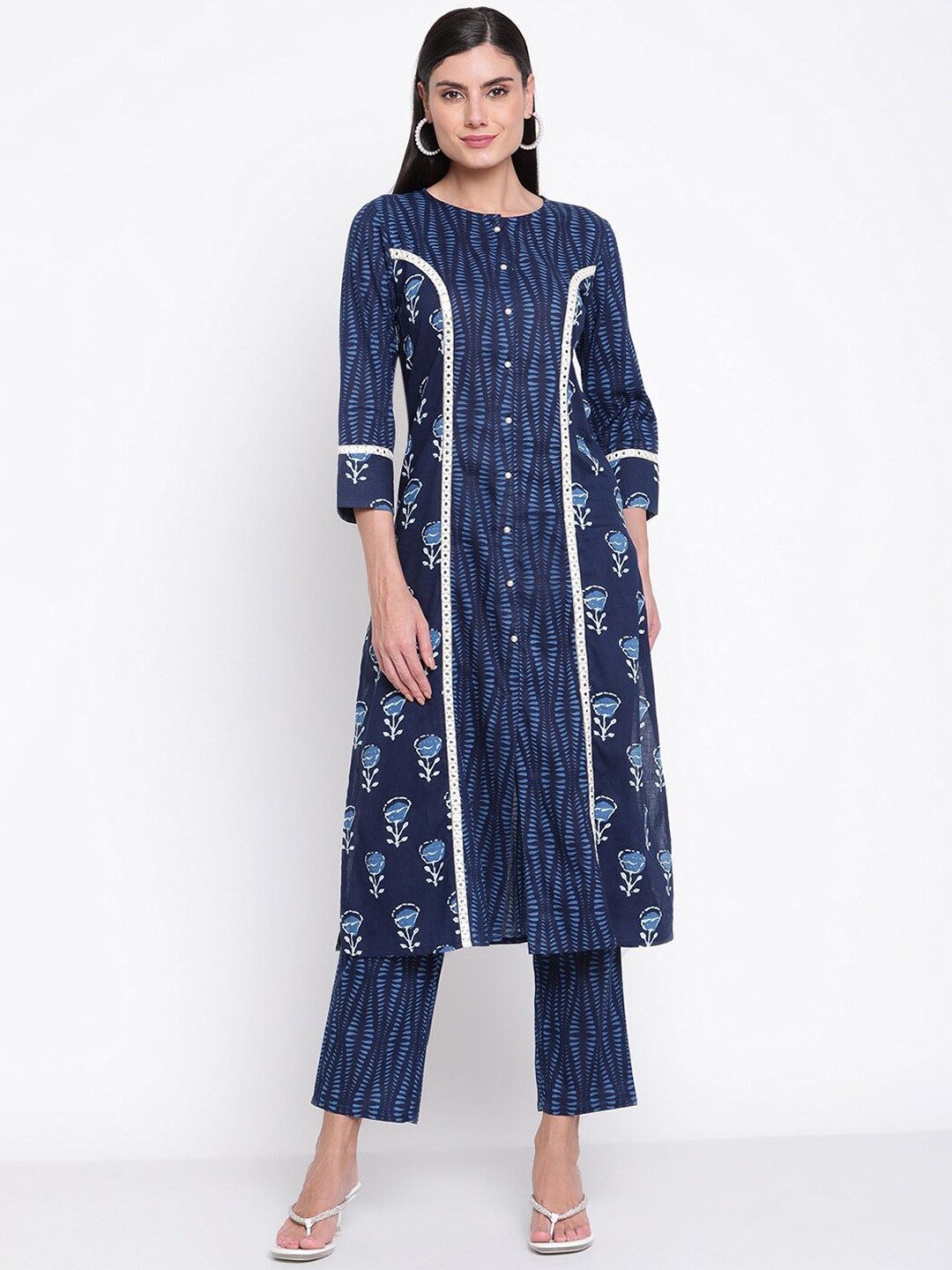 

Be Indi Women Floral Printed A-Line Kurta with Trouser, Blue