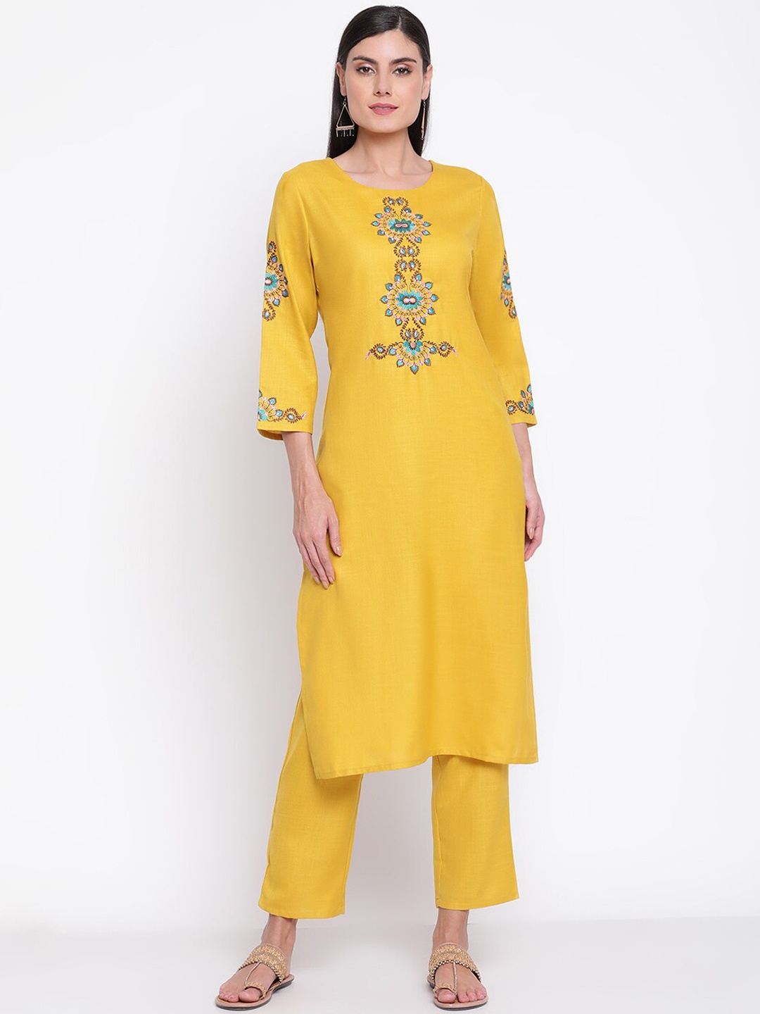 

Be Indi Women Embroidered Straight Kurta Set with Trouser, Mustard
